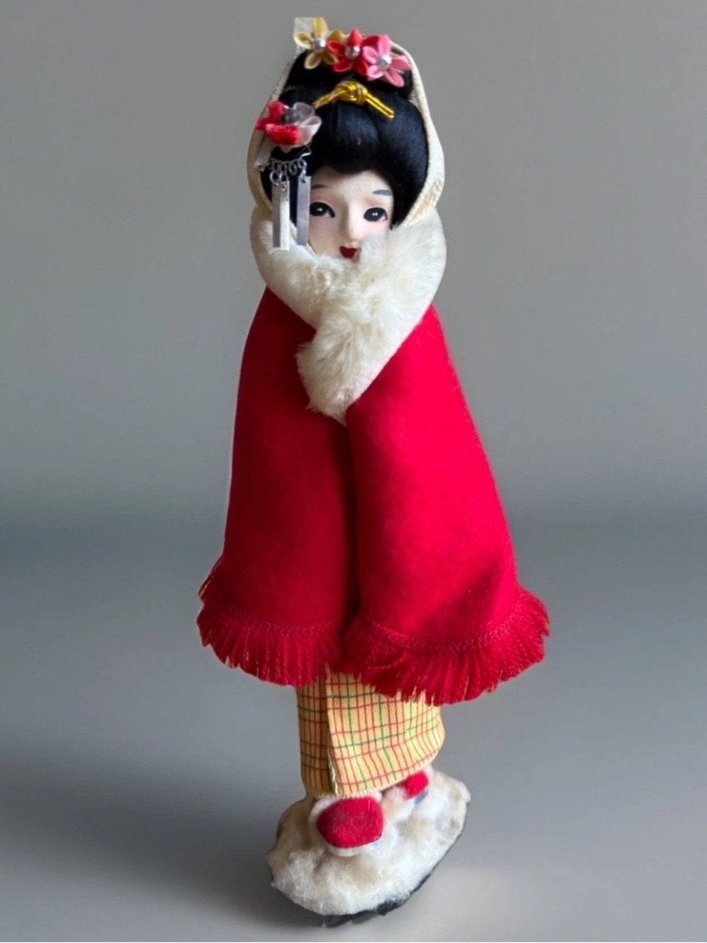 Vintage Japanese Geisha Doll Winter Kimono Cape Detailed Face Figurine Stand
